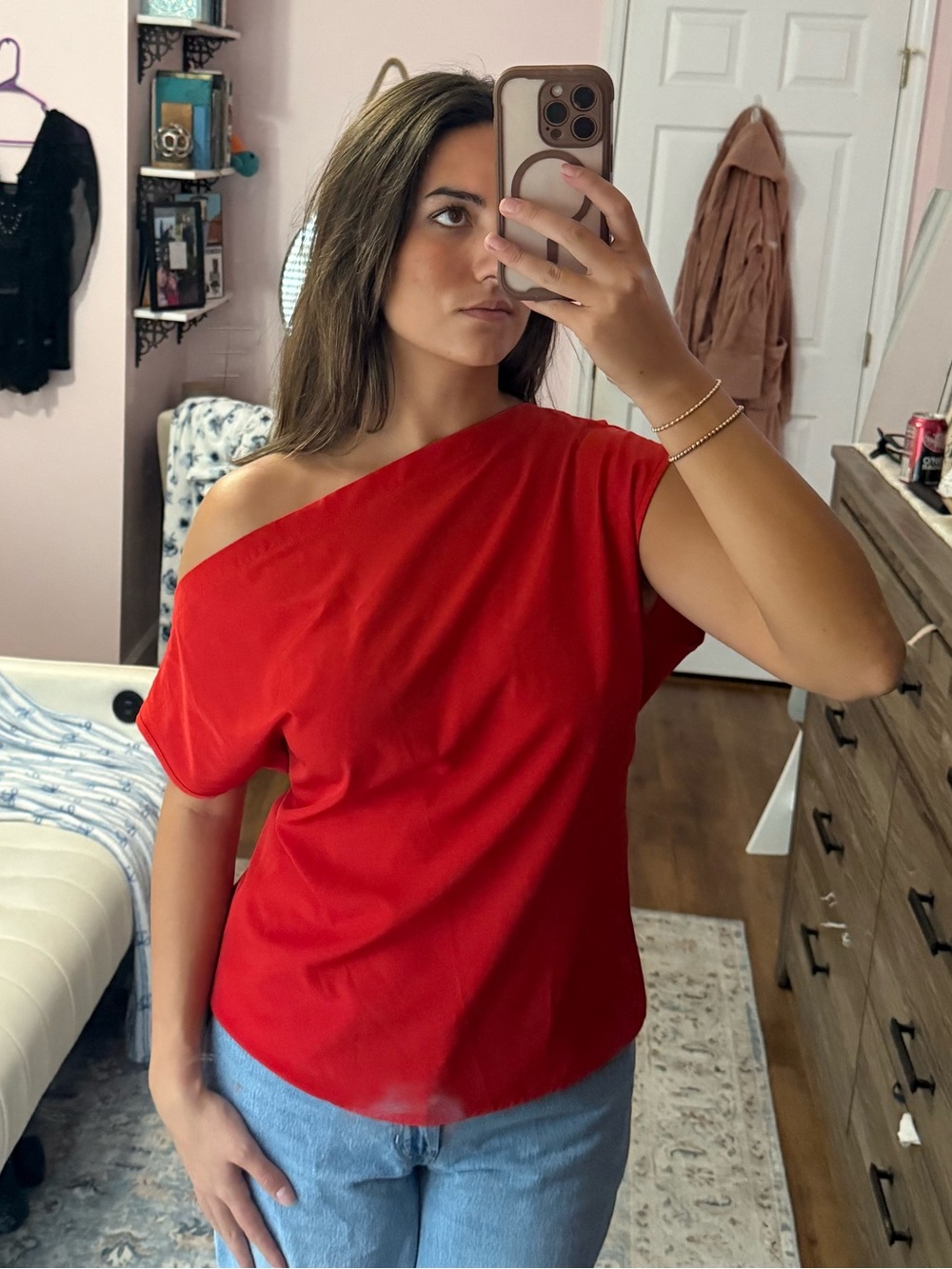 Women's Off-Shoulder Red Short Sleeve Tee